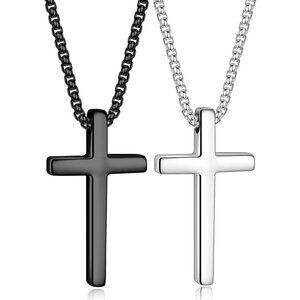 💫 Men Black Cross Pendant Necklace Stainless Steel Chain 16-30 Inches Jewelry